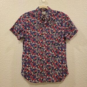 J. Crew Short Sleeve Shirt Mens M Red Blue Secret Wash Slim Fit Floral Organic
